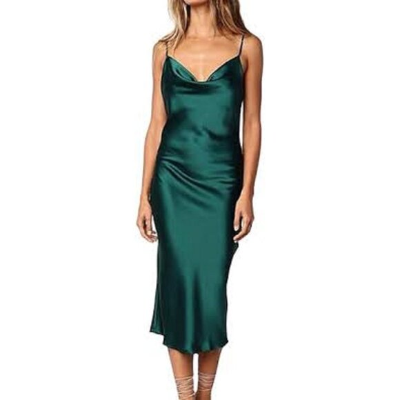 Floerns Forest Green Midi Satin Slip Dress - Glam Hollywood NWT's - Picture 1 of 8
